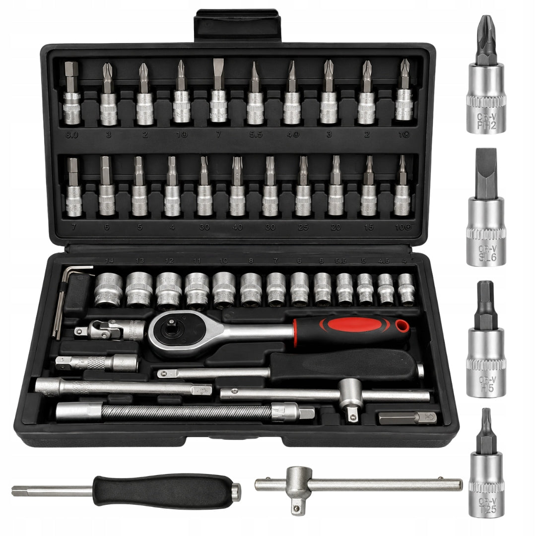 Suitcase Tool Set Socket Wrenches Small 46 Element 1/4 Inch
