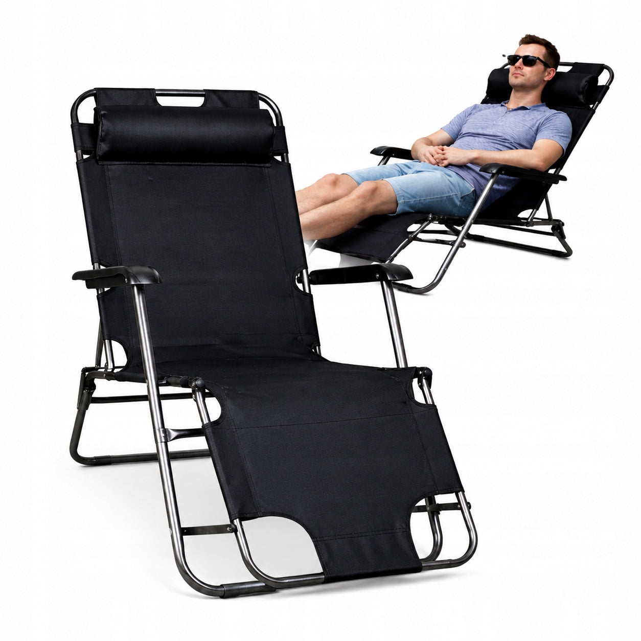 Sun Lounger Reclining Beach Garden Chair Tourist With Cushion Black TY03