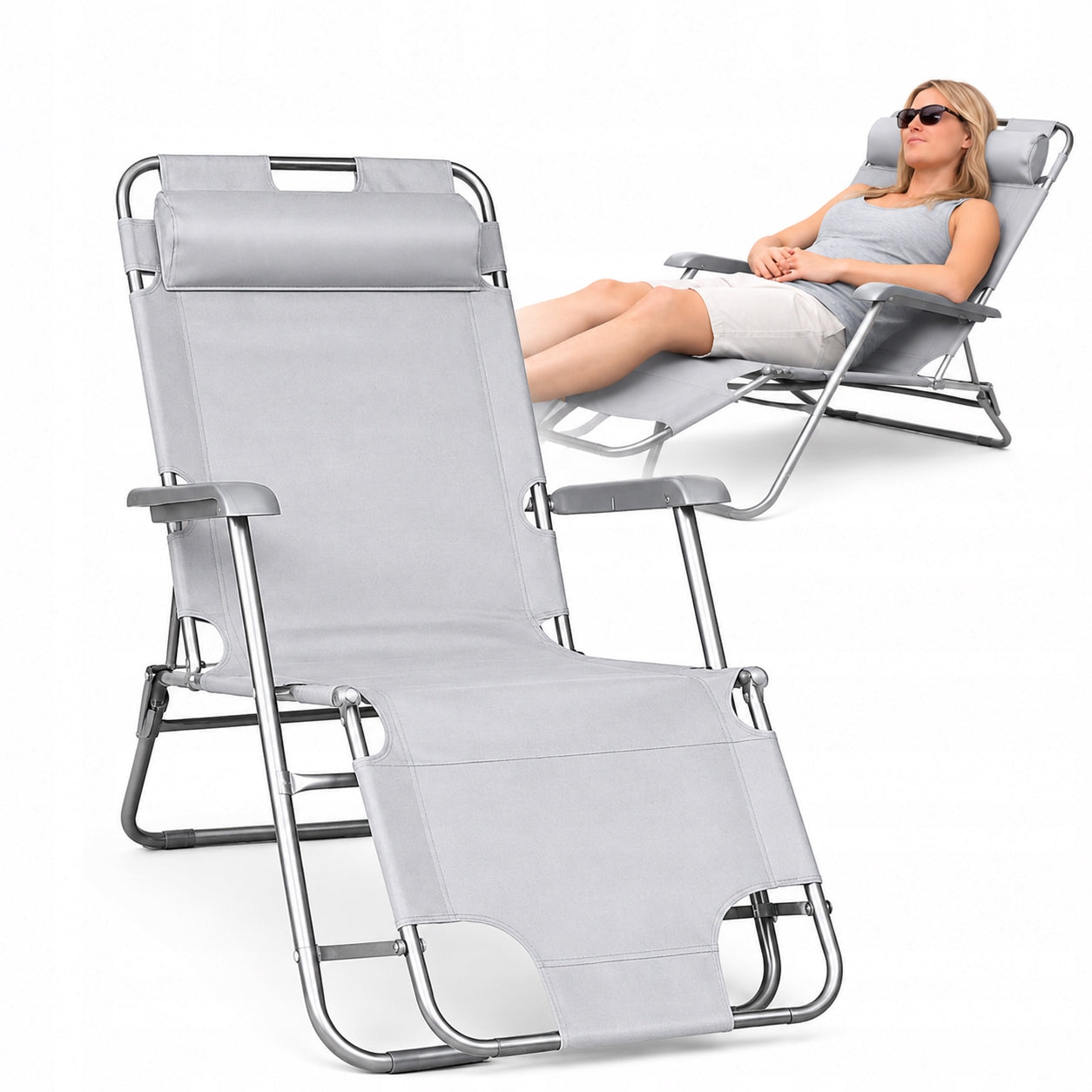 Sun Lounger Reclining Beach Garden Chair Tourist With Cushion Grey TY02