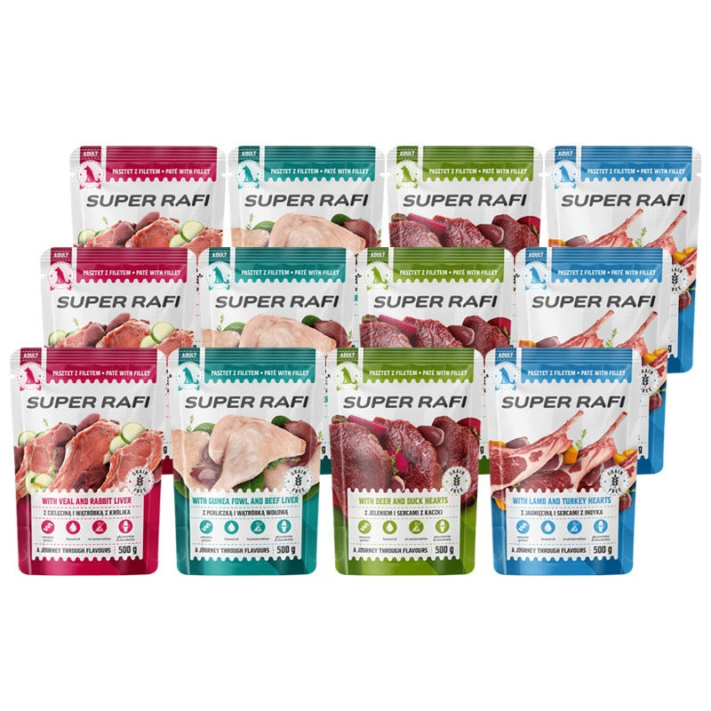 Super Rafi Wet dog food mix of flavors set of 12 x 500g