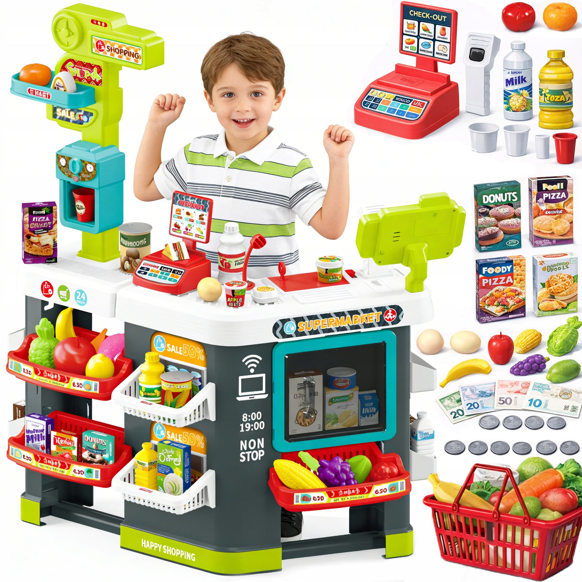 Supermarket for Children Shop Cart Cash Register Shopping Express WIFI 64akc