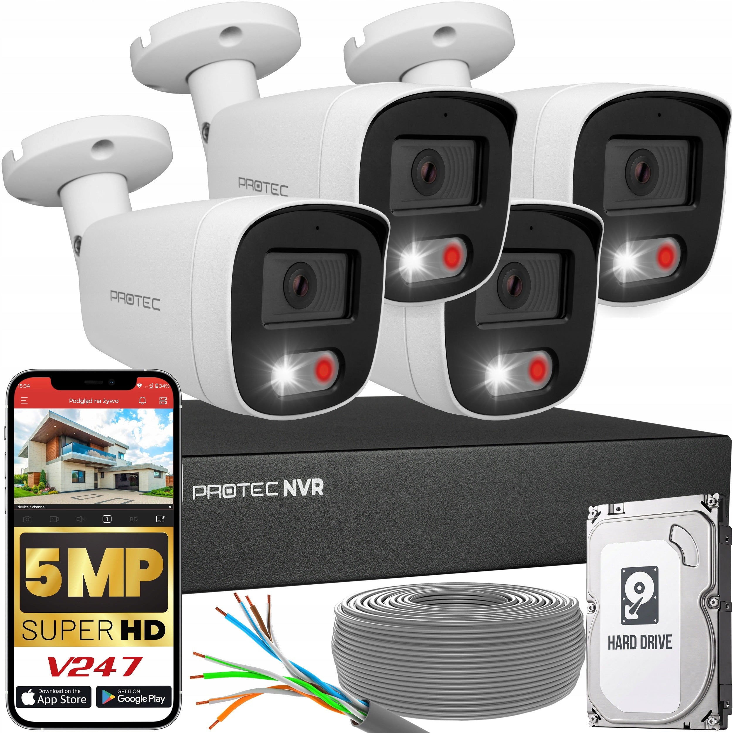 Surveillance kit 4 cameras IP POE 5Mpx external HDD 1TB detection