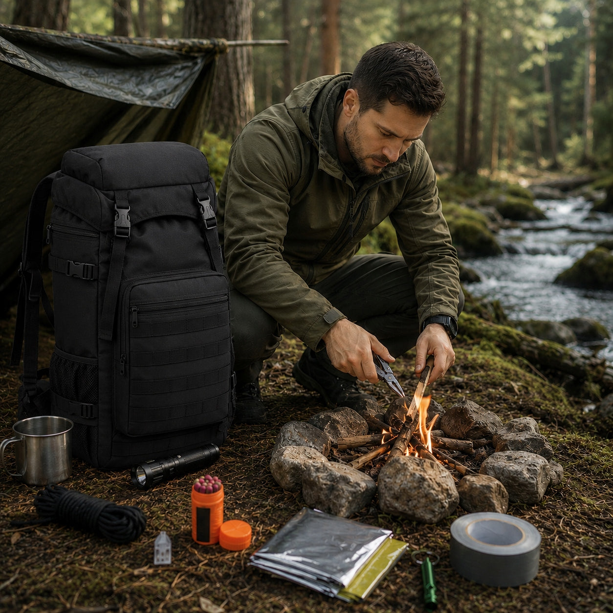 Survival Backpack 60L Black Set of 14 Tourist Elements Manufacturer code Plecak Survivalowy 60L Czarny