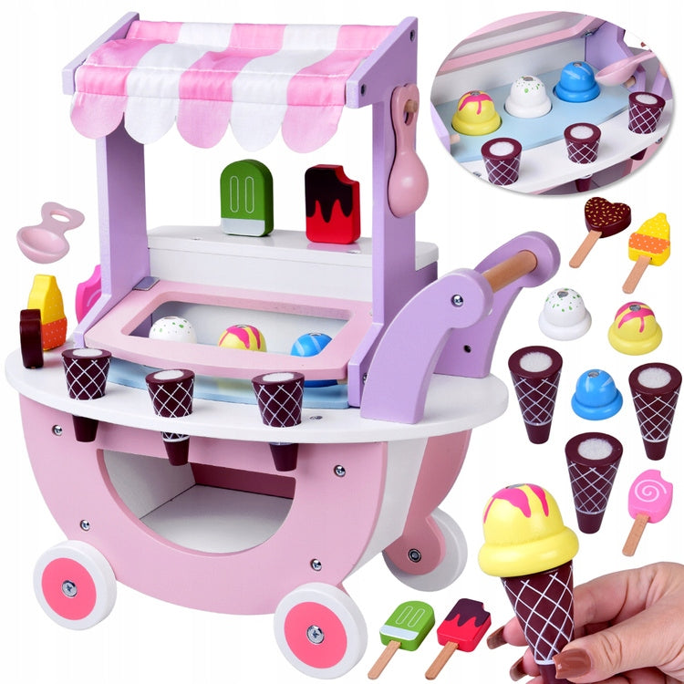 Sweet wooden ice cream parlor for children on wheels + ice cream set ZA5946