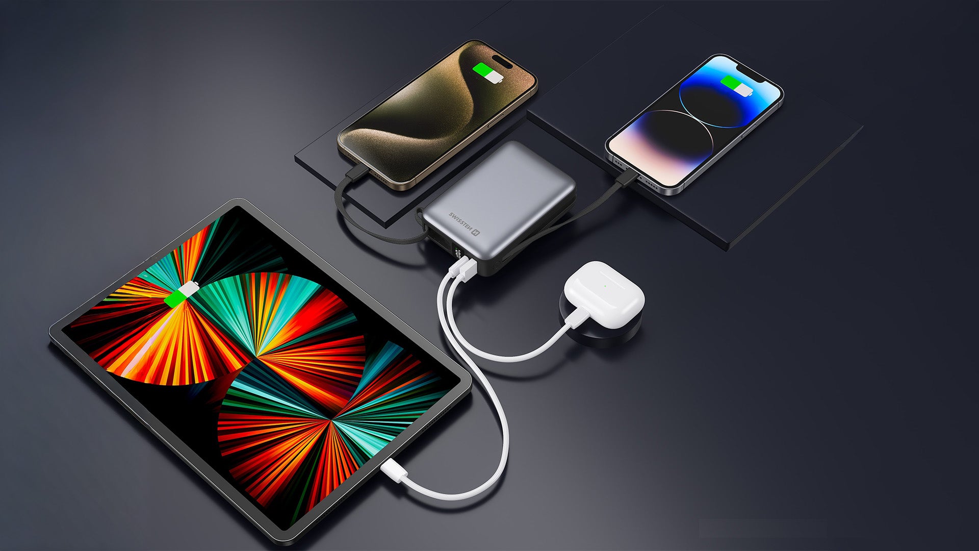 Swissten Powerbank 20000 mAh LCD USB-C USB-A USB-C + Lightning cable Batteries included no