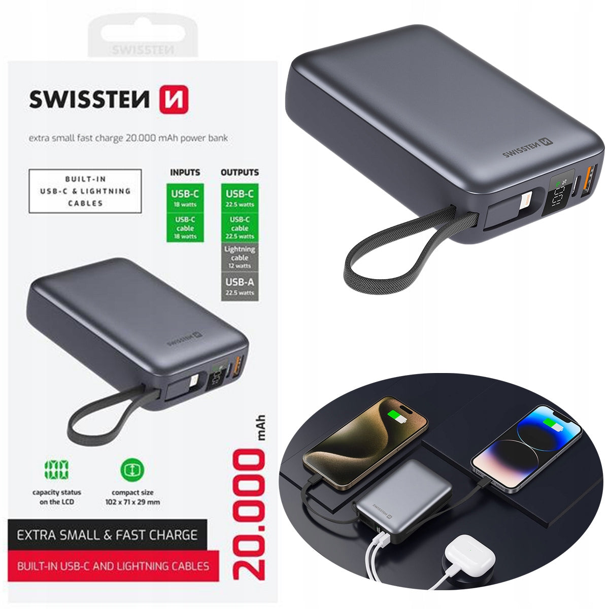 Swissten Powerbank 20000 mAh LCD USB-C USB-A USB-C + Lightning cable