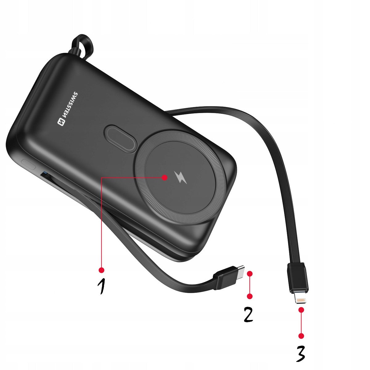 Swissten powerbanka 20000 mAh Qi PD 20W bezdrátová + kabely USB-C Lightning Battery capacity 20000 mAh