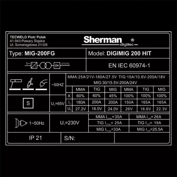 Synergistic inverter welder DIGIMIG 200 HIT MIG TIG MMA 200A Set Brand Sherman