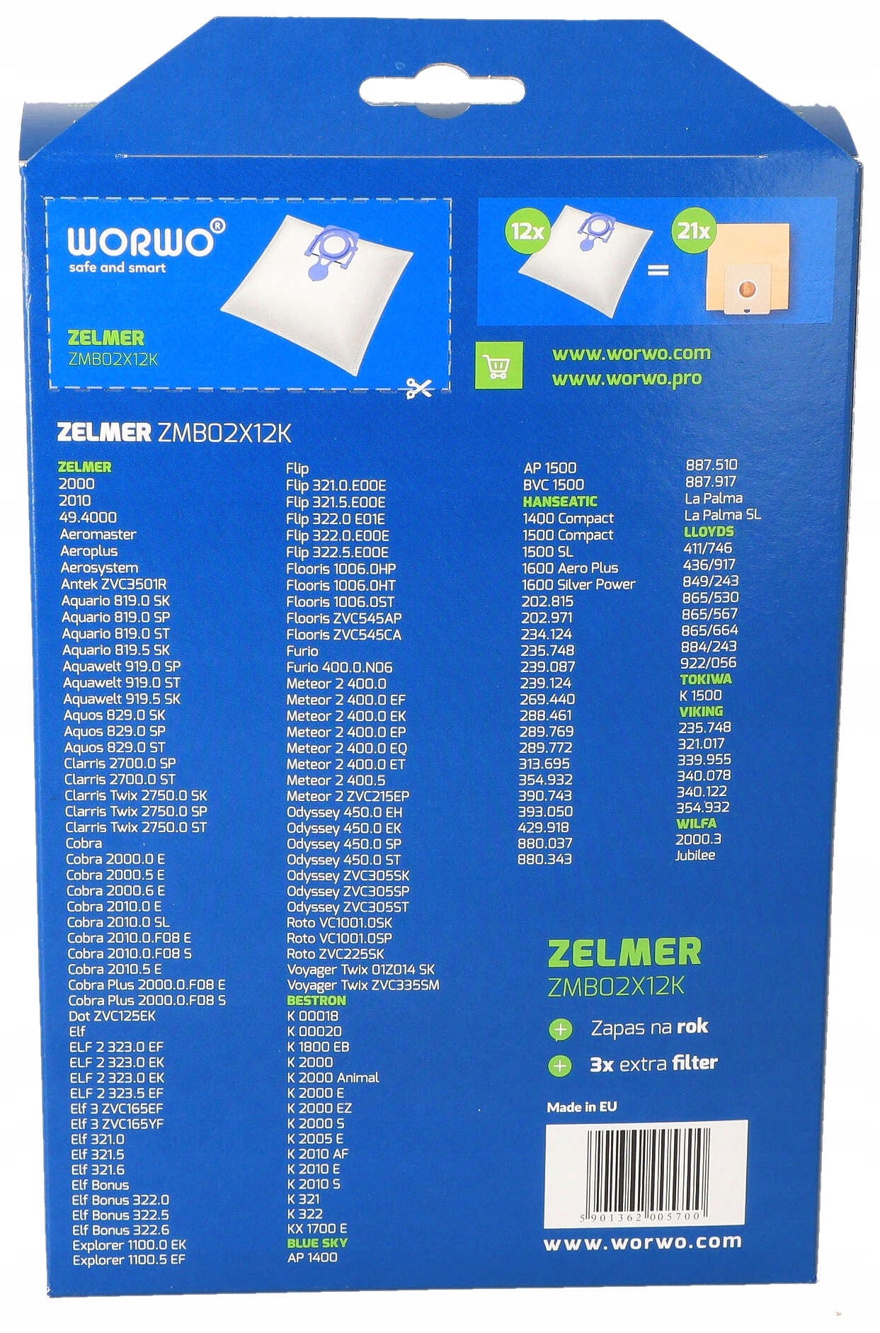 Synthetic vacuum cleaner bag Zelmer Odyssey Elf Meteor 2 ZVCA100B 24 pcs Manufacturer Worwo