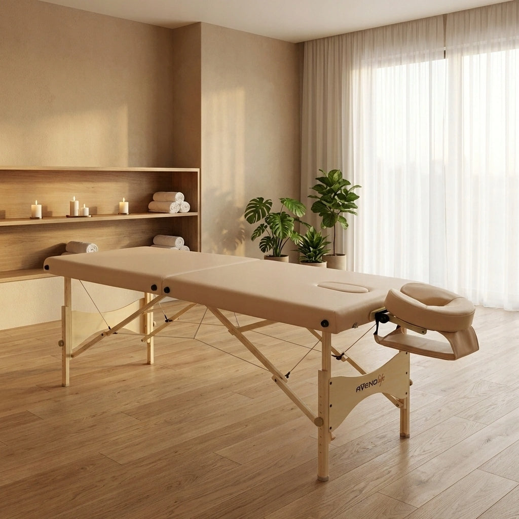 TABLE MASSAGE BED FOLDING WOOD PORTABLE ESPIRIT 70 CM BEIGE Packaging status original