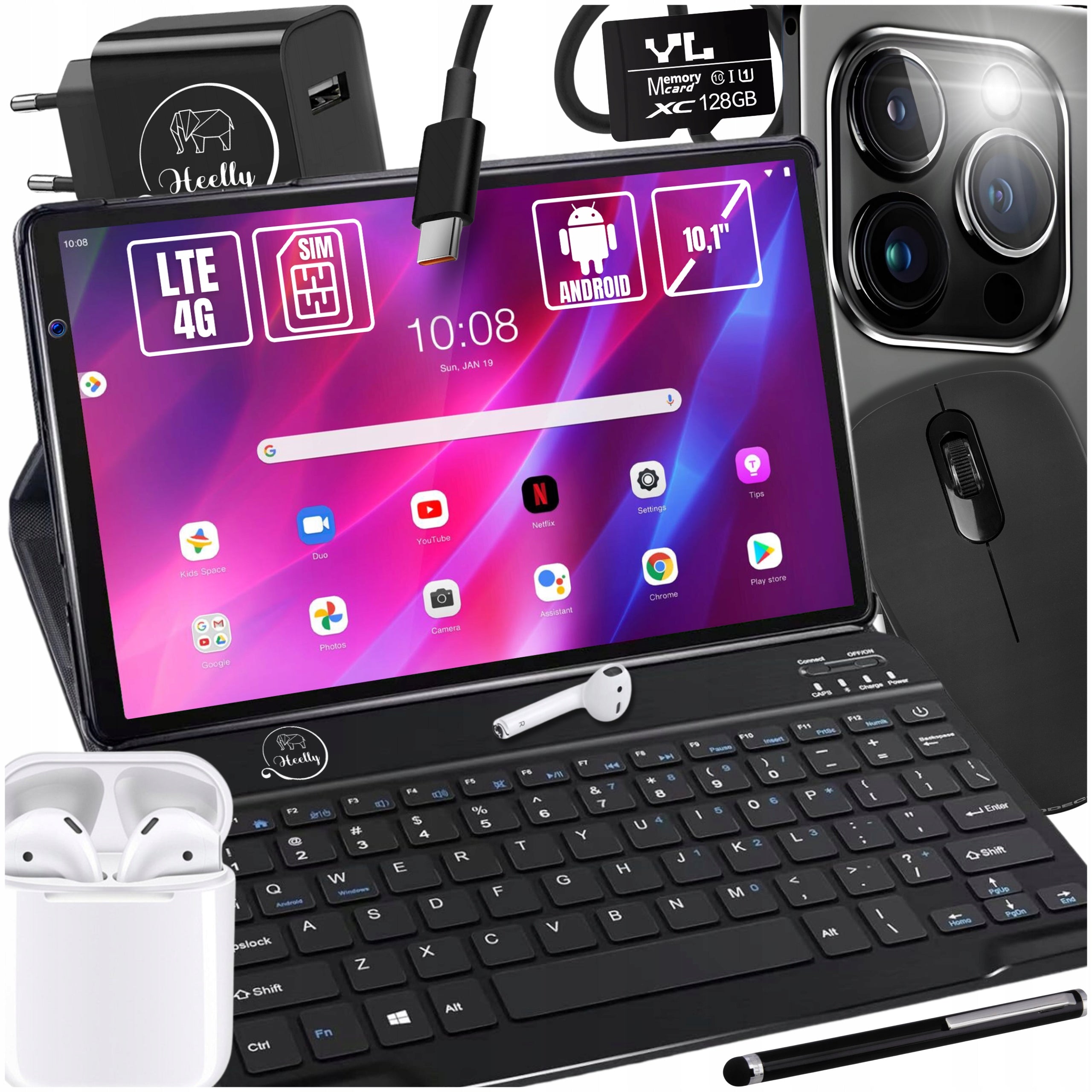 TABLET 10,1" 4G SIM LTE NAVIGATION WIFI GPS CASE SET MOUSE STYLUS HEELLY Packaging status original