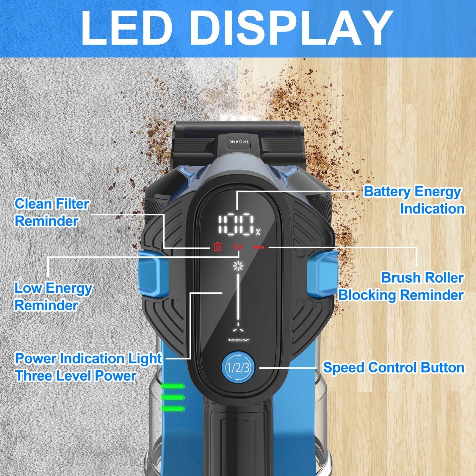 TASVAC S8 Cordless LED Upright Vacuum Cleaner Maximum power 1 W