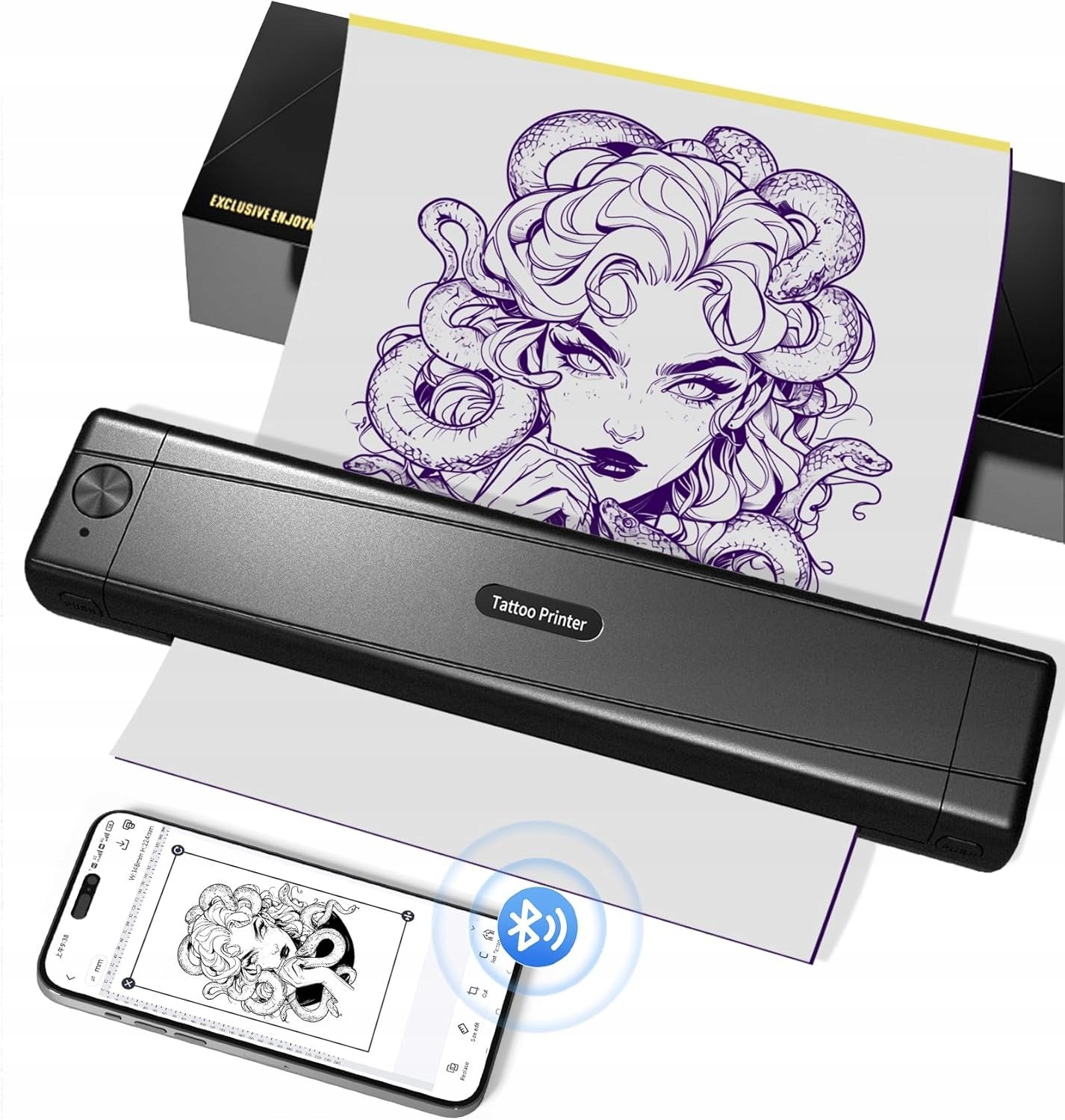 TATTMUSE Bluetooth Tattoo Printer 10 Sheets Paper Black