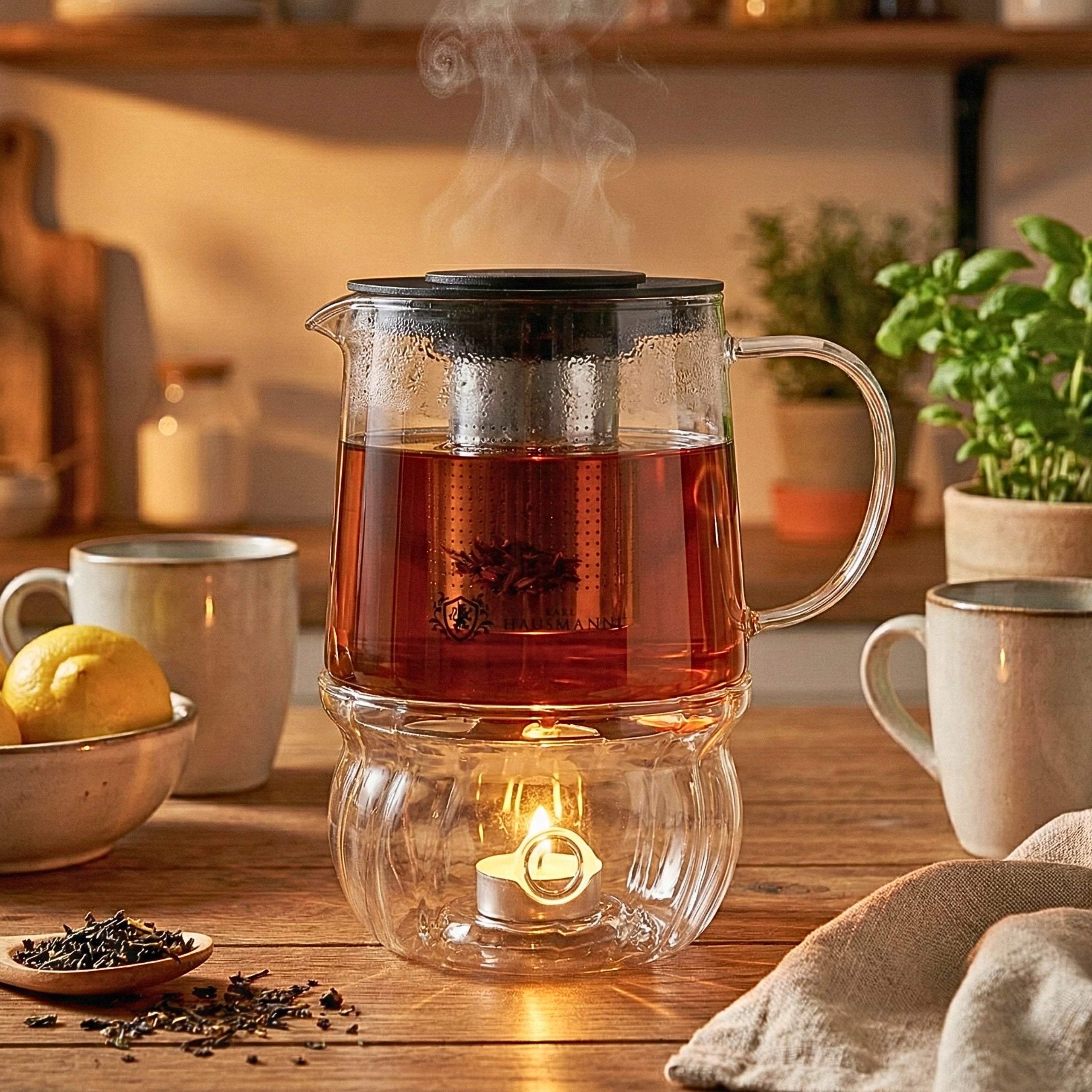 TEA POT GLASS HEAT RESISTANT INFUSER WITH HEATER 1000ML Manufacturer code CZAJNIK DO HERBATY ŻAROODPORNY Z SITKIEM 1000