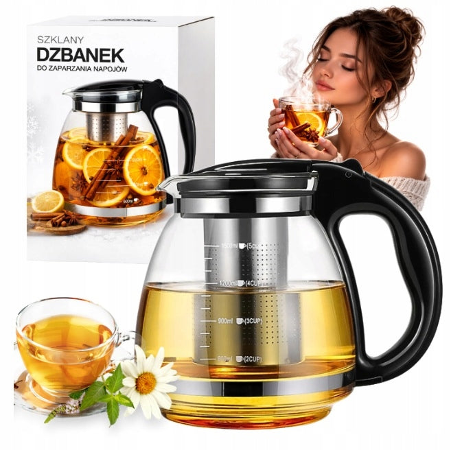 TEA POT GLASS INFUSER 2L FOR BREWING WITH METAL STRAINER