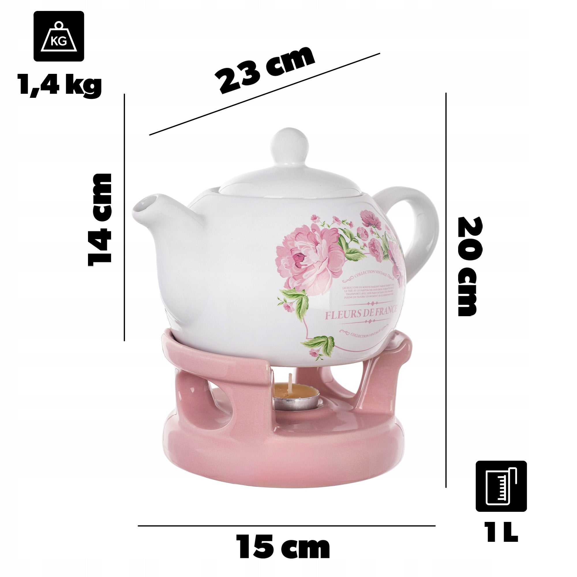 TEA POT WITH HEATER 1L CERAMIC TEA KETTLE PINK Manufacturer code K16541