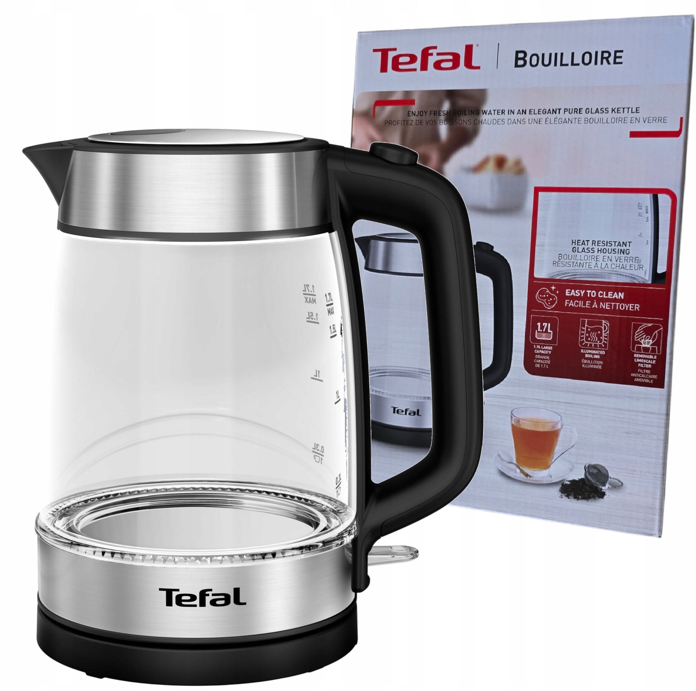 TEFAL CORDLESS KETTLE 1,7L GLASS INOX BLACK 2200W
