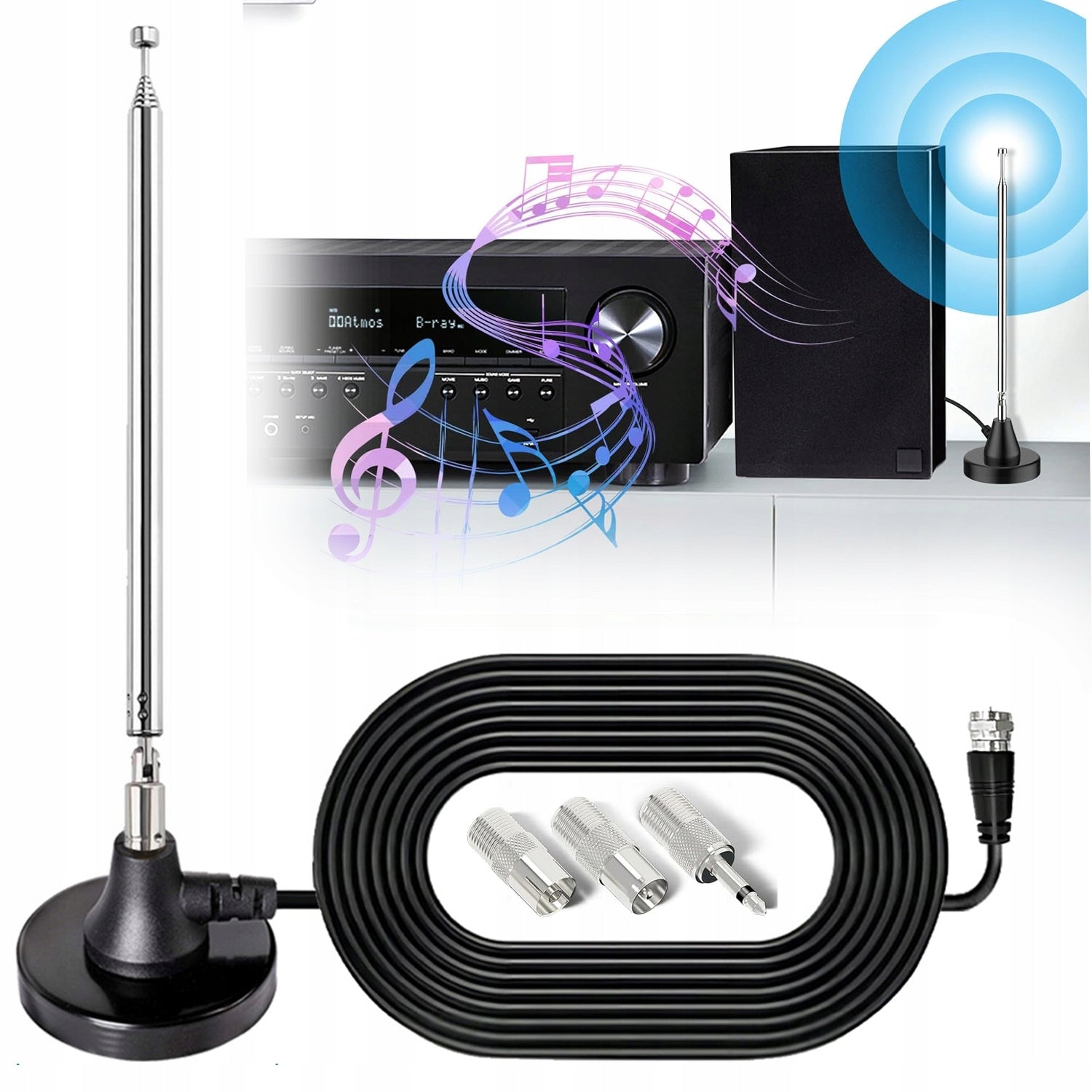 TELESCOPIC RADIO ANTENNA FM ANTENNA WITH 3 ADAPTERS UP TO 75 OHM DAB