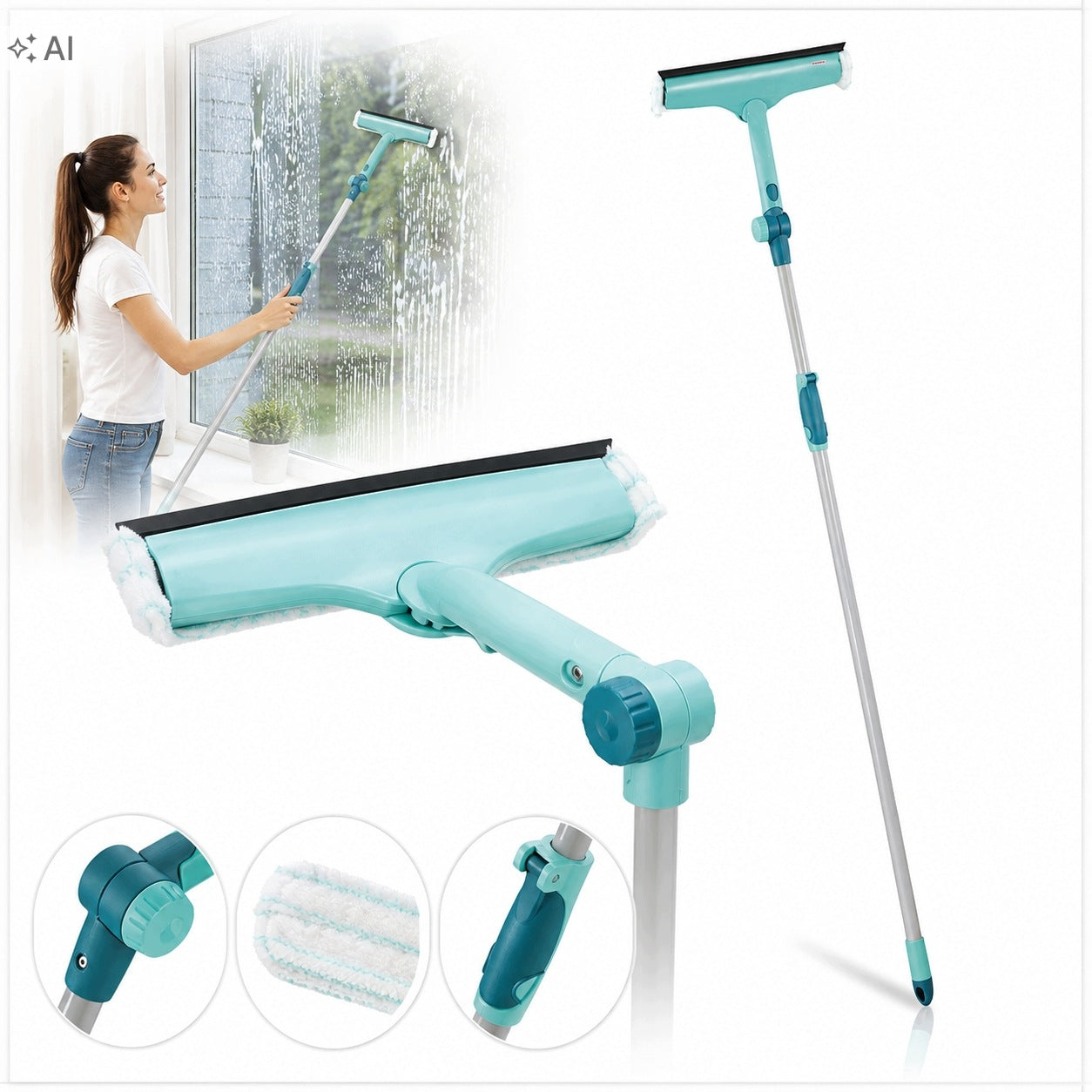 TELESCOPIC WINDOW CLEANER SQUEEGEE 4in1 130-210CM MICROFIBER BAR