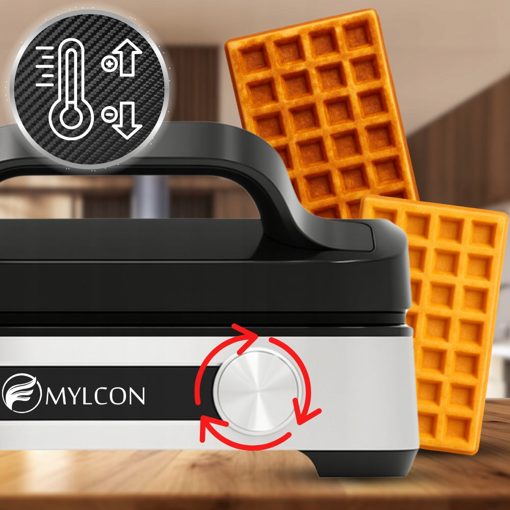 TEMPERATURE ADJUSTABLE WAFFLE MAKER 2 LARGE CRISPY WAFFLES XXL MYLCON Manufacturer code GOFROWNICA REGULACJA XXL DUŻE GOFRY