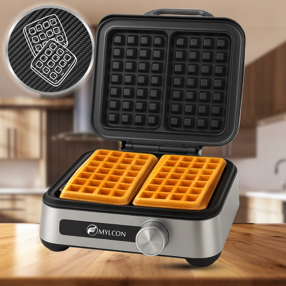 TEMPERATURE ADJUSTABLE WAFFLE MAKER 2 LARGE CRISPY WAFFLES XXL MYLCON Packaging status original