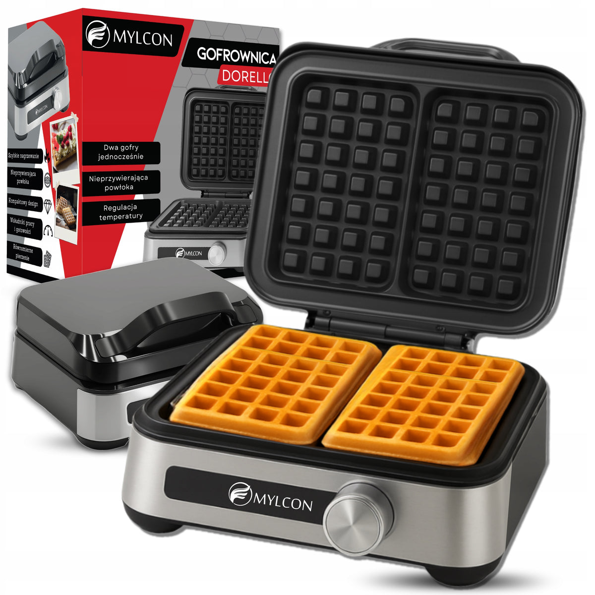 TEMPERATURE ADJUSTABLE WAFFLE MAKER 2 LARGE CRISPY WAFFLES XXL MYLCON