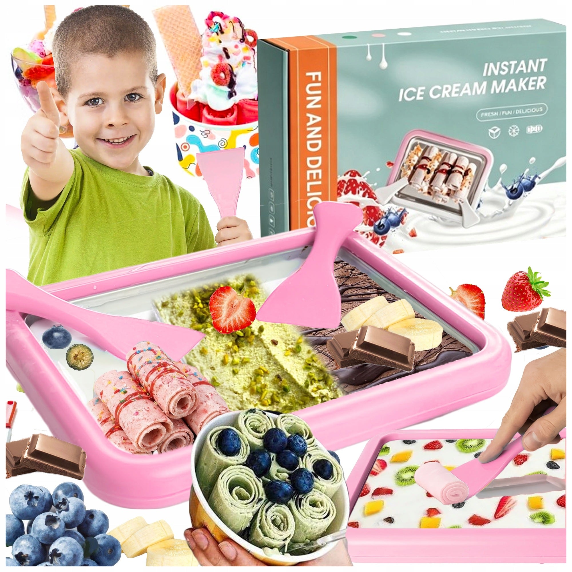THAI ROLLED ICE CREAM MACHINE FREEZING PLATE WITH 2 SPATULAS PINK Packaging status original