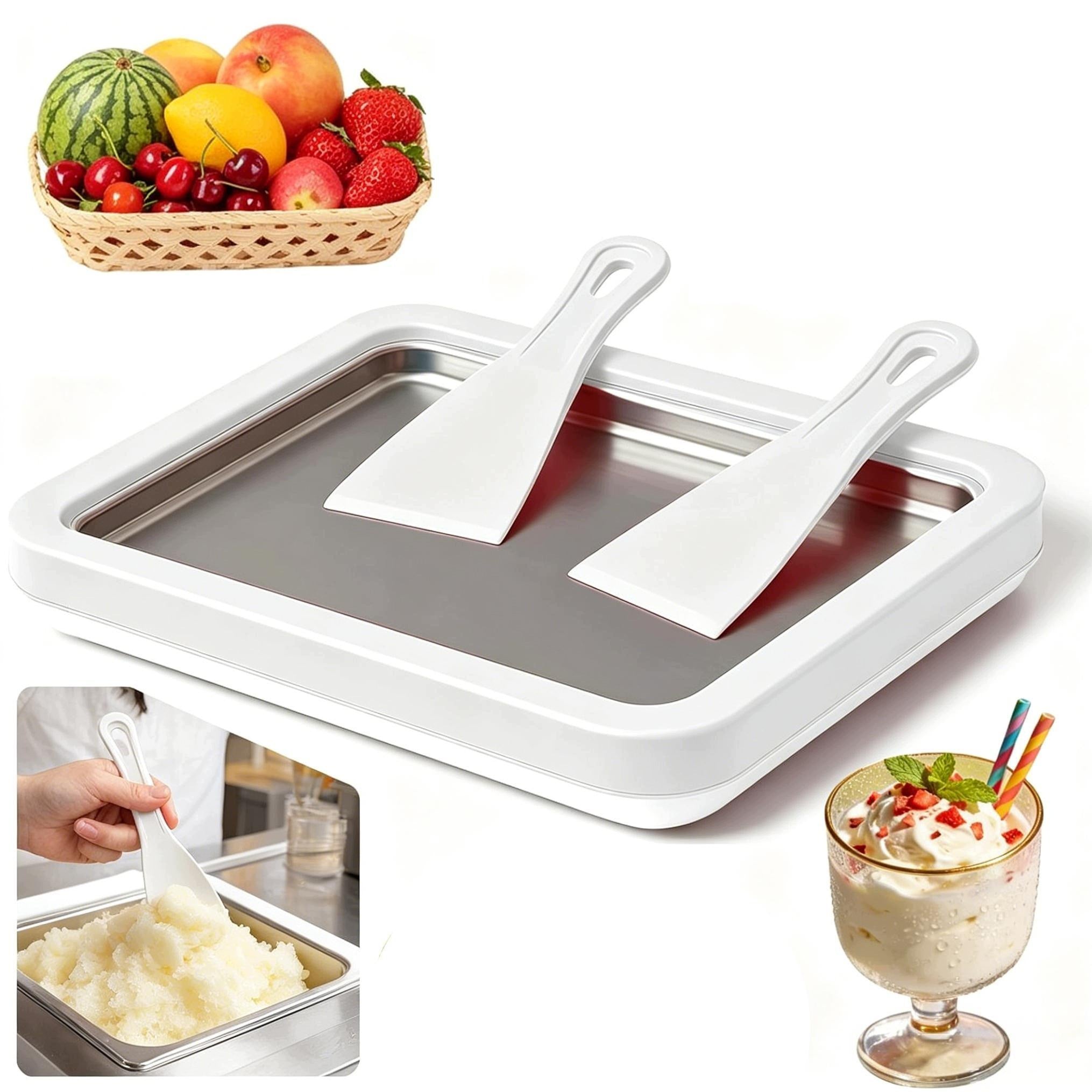 THAI ROLLED ICE CREAM MACHINE FREEZING PLATE WITH 2 SPATULAS WHITE Packaging status original