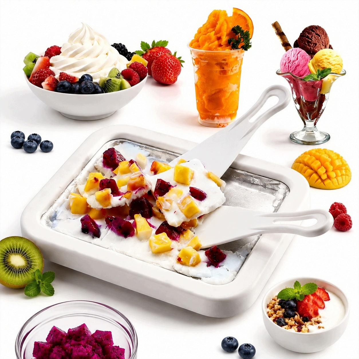 THAI ROLLED ICE CREAM MACHINE FREEZING PLATE WITH 2 SPATULAS WHITE