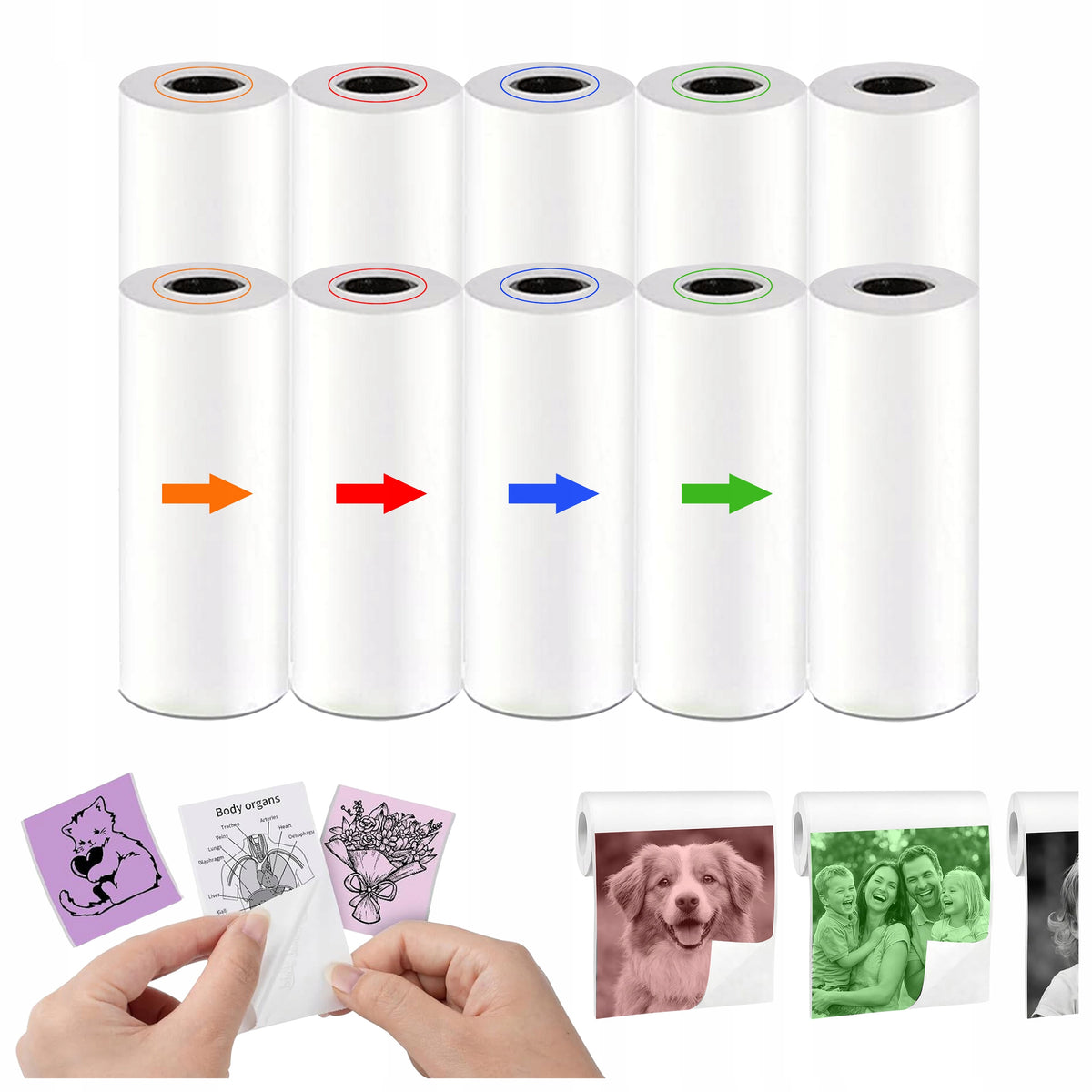 THERMAL PAPER STICKERS FOR INSTANT CAMERA COLOR 10 ROLLS CARTRIDGES