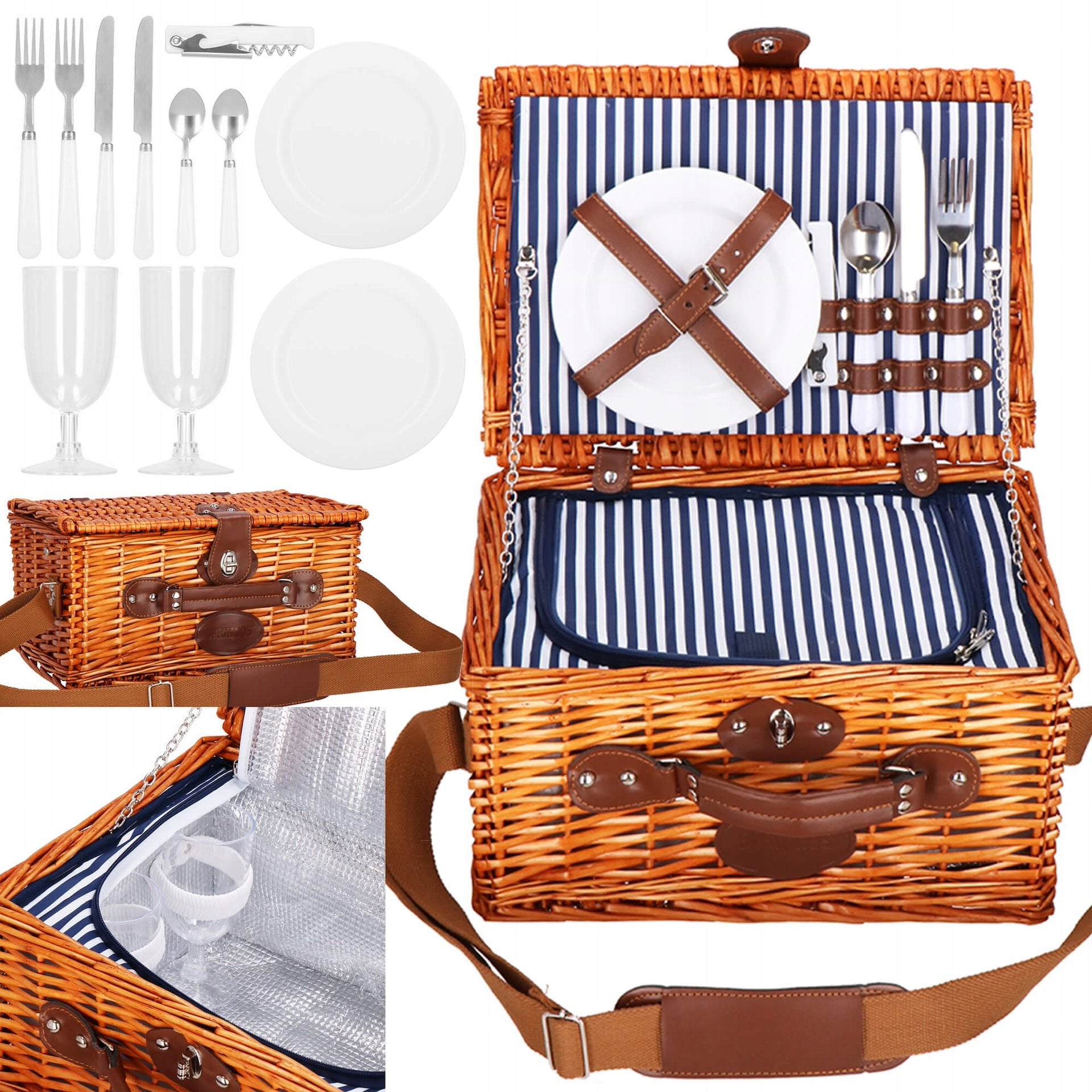 THERMAL WICKER PICNIC BASKET WITH EQUIPMENT PLATES FOR 2 PEOPLE PICNIC