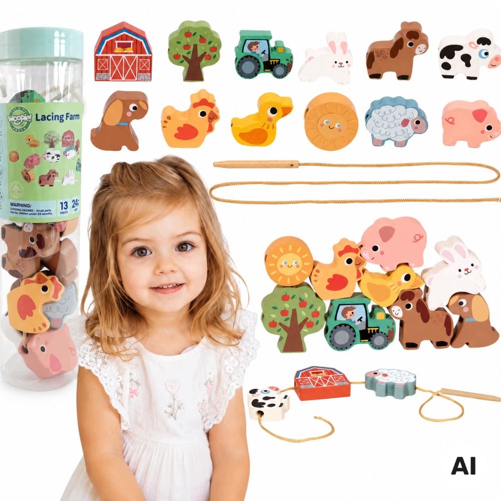 THREADER WOODEN INTERLACING FARM ANIMALS BLOCKS WOOPIE GREEN