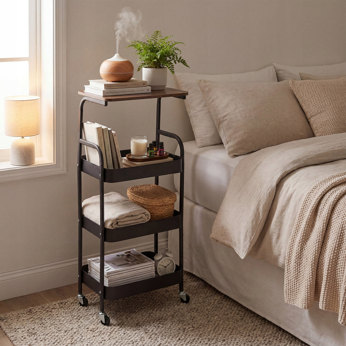 THREE-LEVEL MOBILE KITCHEN TROLLEY WITH WOODEN TOP BLACK Packaging status original