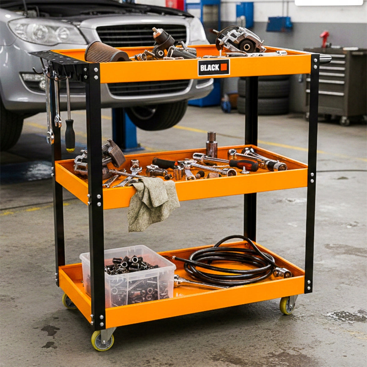 THREE-SHELF WORKSHOP TOOL TROLLEY 3 SHELVES BLACK 100KG Packaging status original