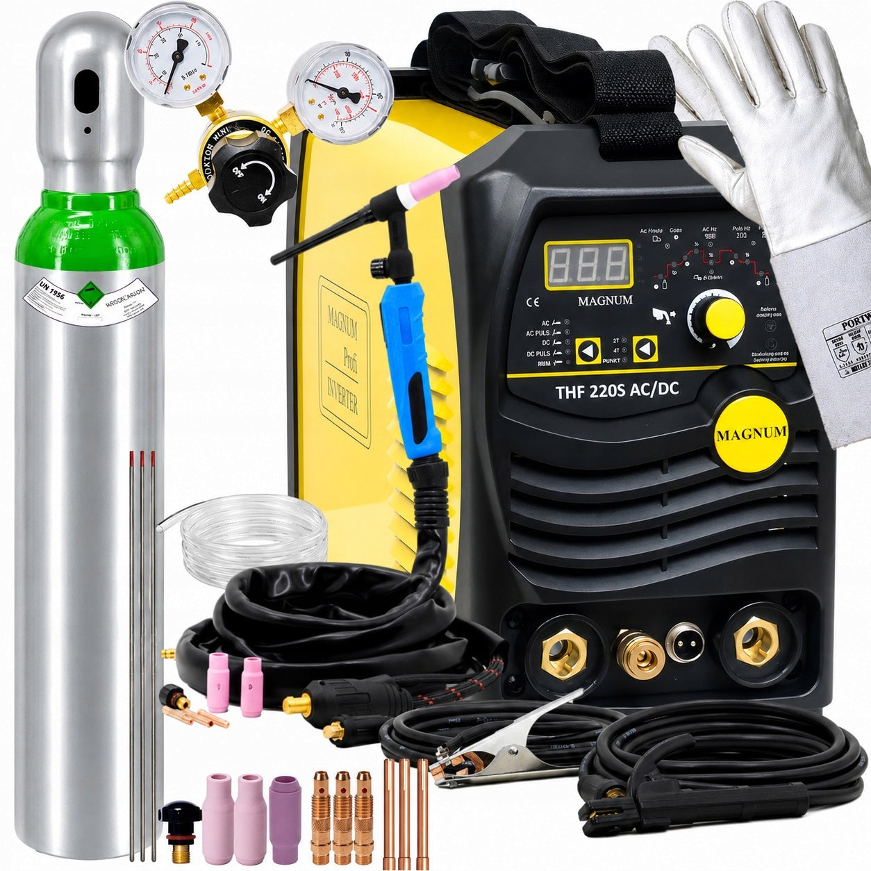 TIG AC DC PULS MAGNUM THF 220S welder set with 8L cylinder and accessories