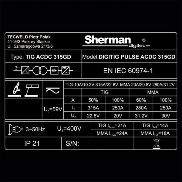 TIG Sherman DIGITIG 315GD Pulse AC/DC 315A IGBT HF MMA VRD Power consumption 8.5 kVA