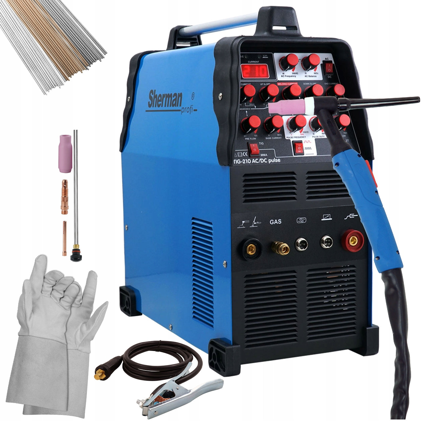 TIG welding machine for ALUMINIUM SHERMAN 210 ACDC 200A Set WIRE GLOVES