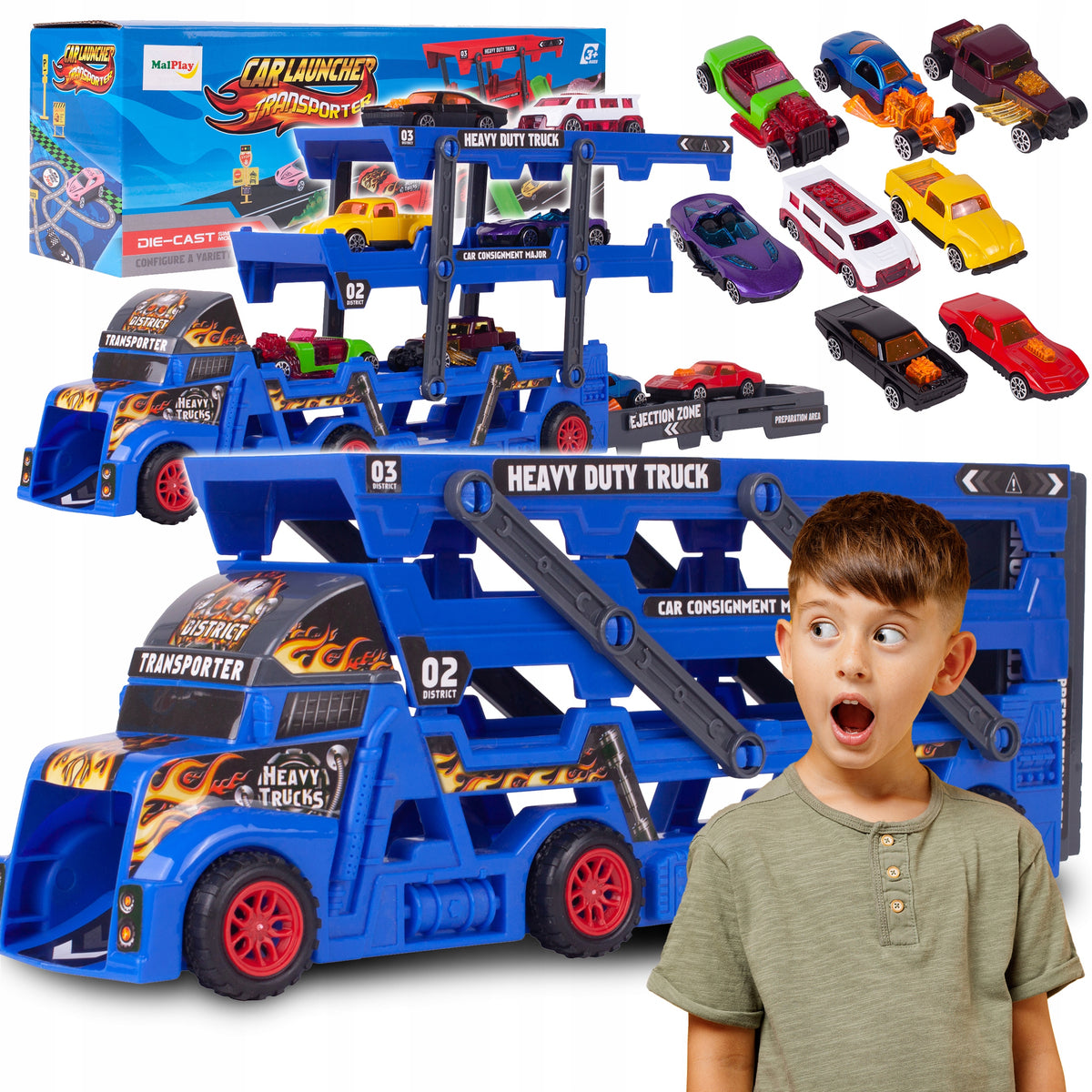 TIR TOW TRUCK WITH CAR LAUNCHER SET OF 8 CARS TRUCK TOY