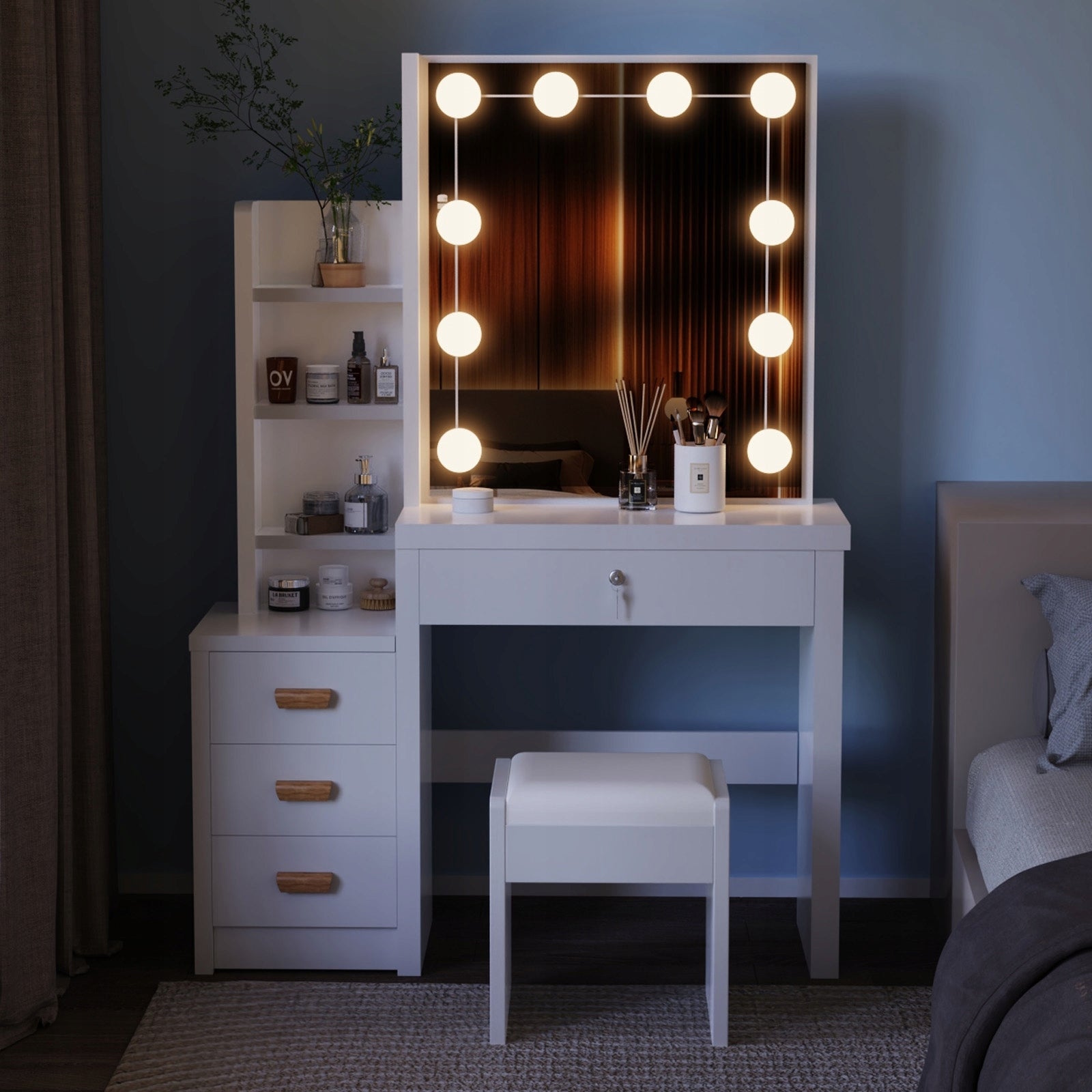 TOALETKA KOSMETYCZNA BIAŁA Z LED LUSTREM + 4 SZUFLADY + TABORET Furniture depth 36 cm