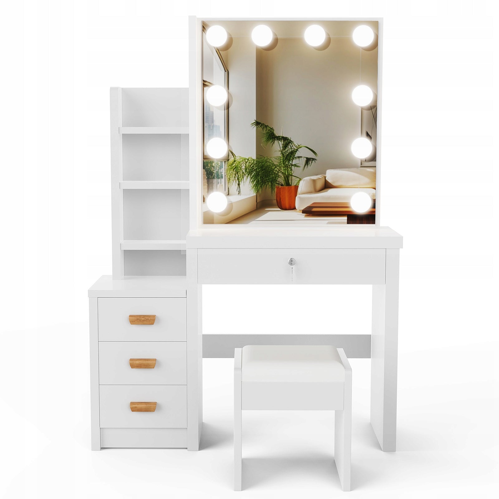 TOALETKA KOSMETYCZNA BIAŁA Z LED LUSTREM + 4 SZUFLADY + TABORET Manufacturer code 918B