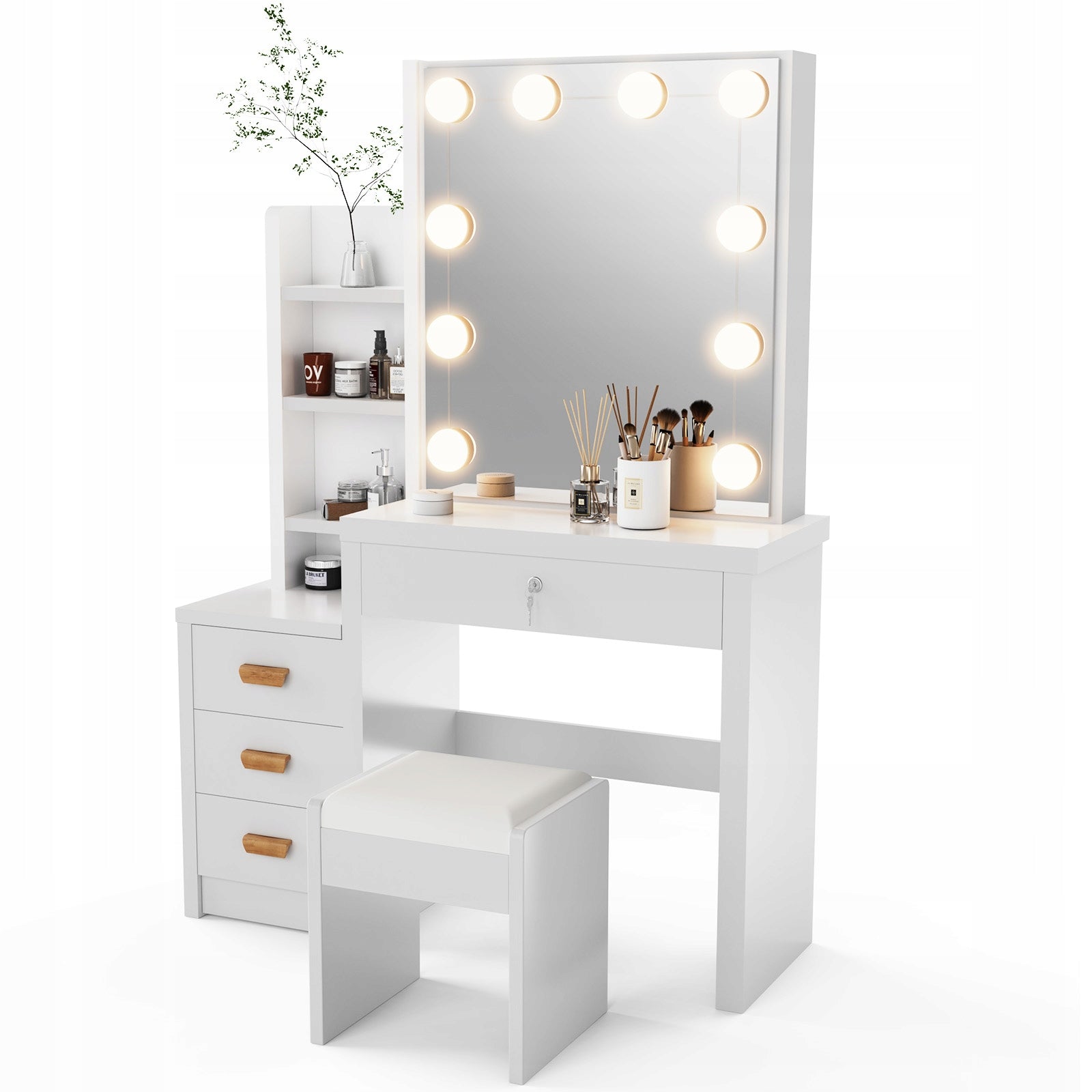 TOALETKA KOSMETYCZNA BIAŁA Z LED LUSTREM + 4 SZUFLADY + TABORET Packaging status original