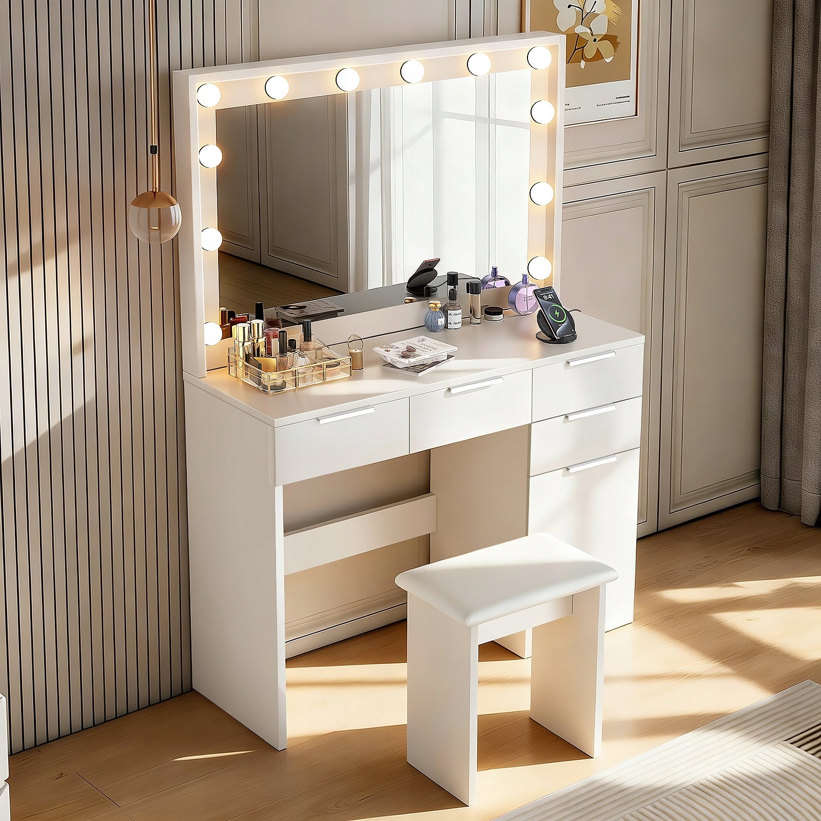 TOALETKA KOSMETYCZNA Z TABORET, LUSTREM SZUFLADY, FUNKCJA ŁADOWANIA - BIAŁA Furniture depth 40 cm