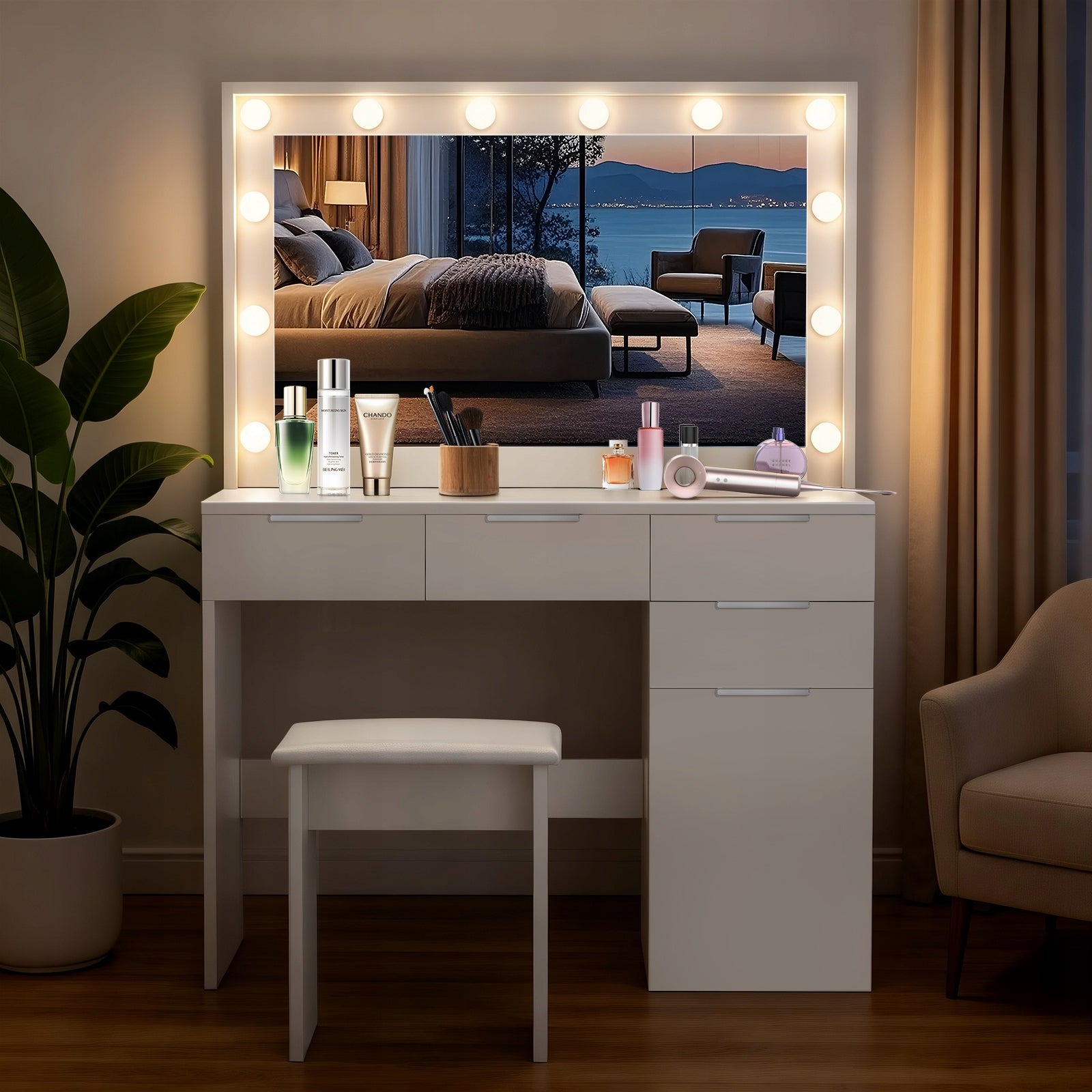 TOALETKA KOSMETYCZNA Z TABORET, LUSTREM SZUFLADY, FUNKCJA ŁADOWANIA - BIAŁA Furniture width 105 cm