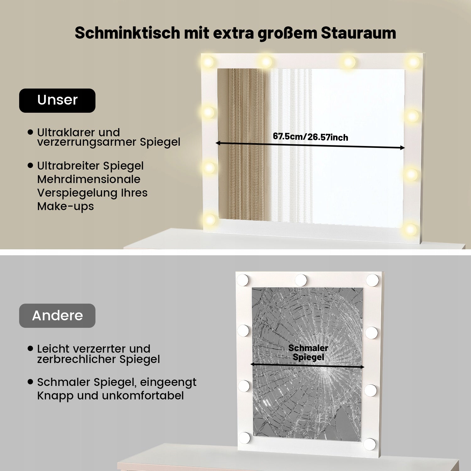 TOALETKA KOSMETYCZNA z 7 SZUFLADY i LUSTREM 10 LED DO MAKIJAŻU WIZAŻU BIAŁA Furniture color white
