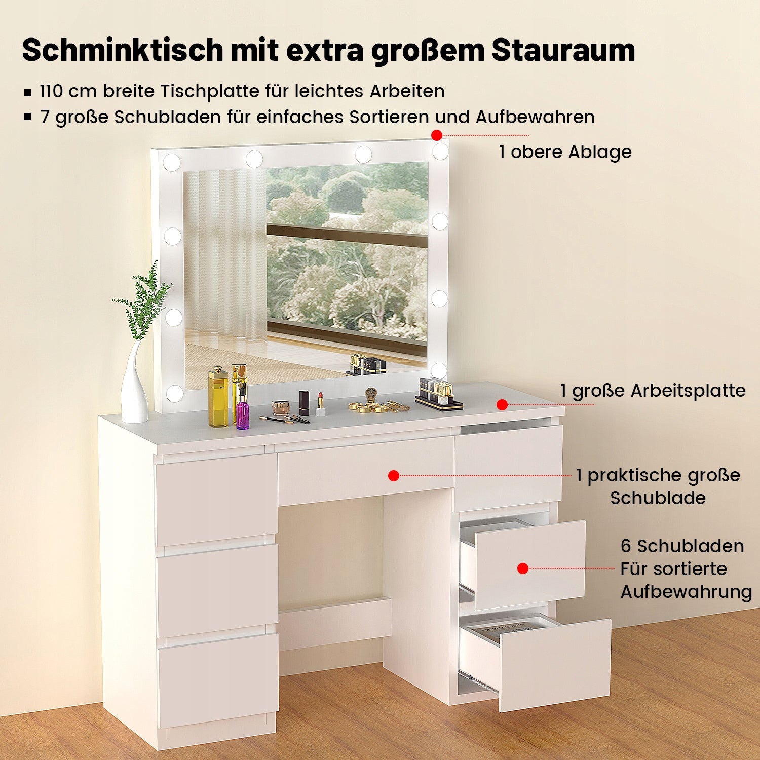 TOALETKA KOSMETYCZNA z 7 SZUFLADY i LUSTREM 10 LED DO MAKIJAŻU WIZAŻU BIAŁA Furniture height 140 cm