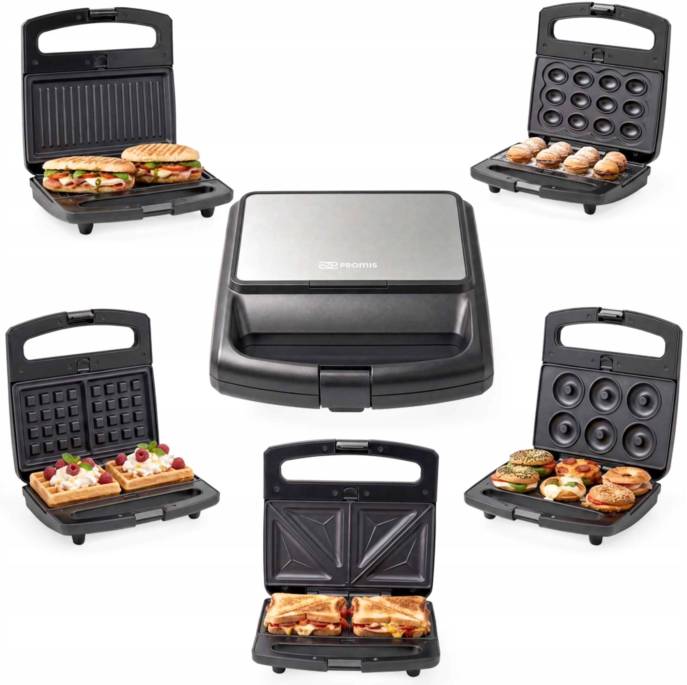 TOASTER 5in1 INTERCHANGEABLE PLATES SANDWICH TOAST WAFFLES GRILL PEANUTS DONUTY