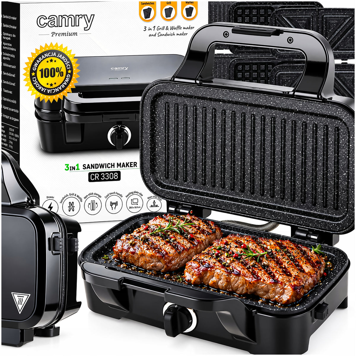 TOASTER GRILL WAFFLE IRON 3IN1 CONTACT TEMPERATURE CONTROL 1500W TOASTER