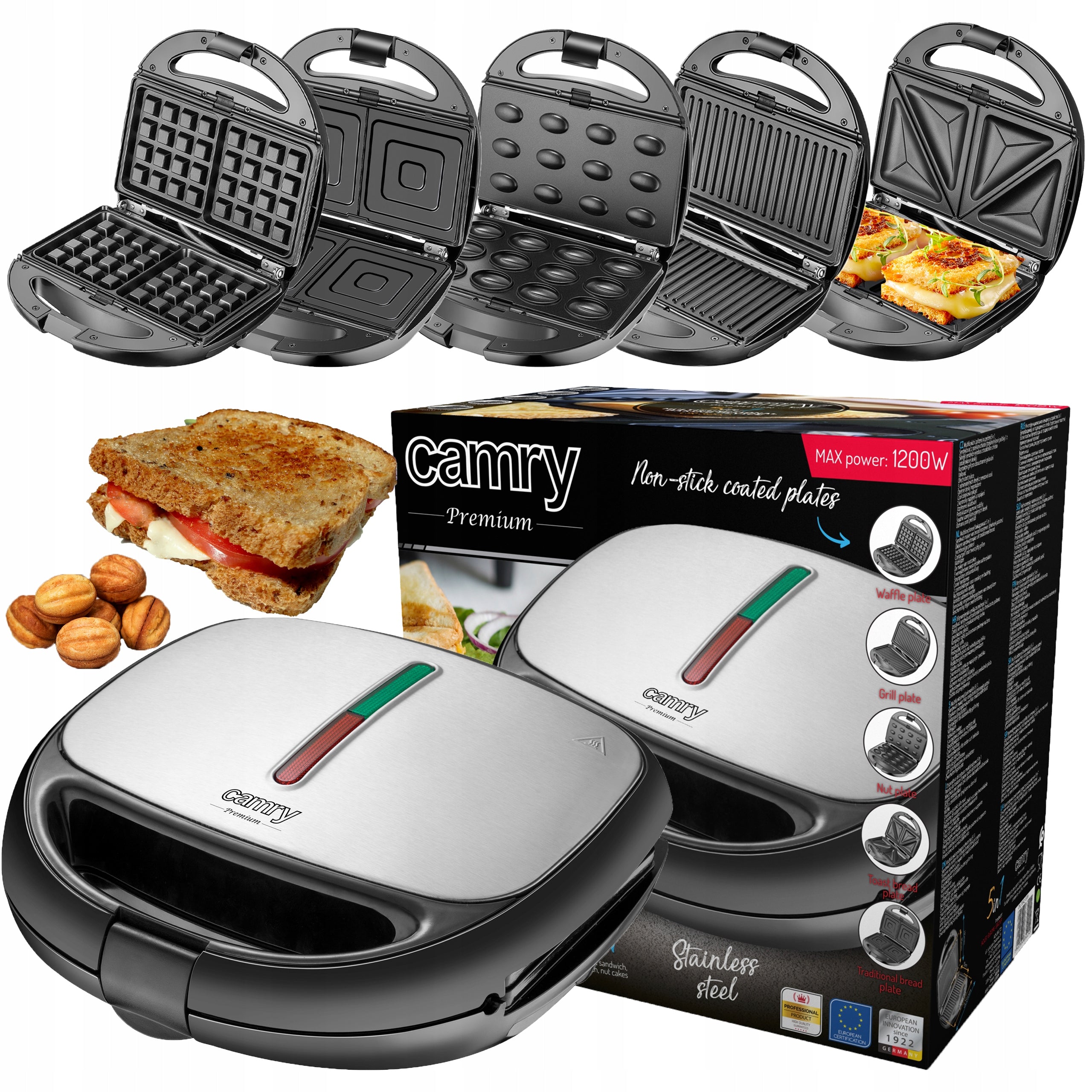 TOASTER PANINNI WAFFLE MAKER FOR SANDWICHES TORTILLA TOAST 5IN1 TOASTER 1200W Power rating 1200 W
