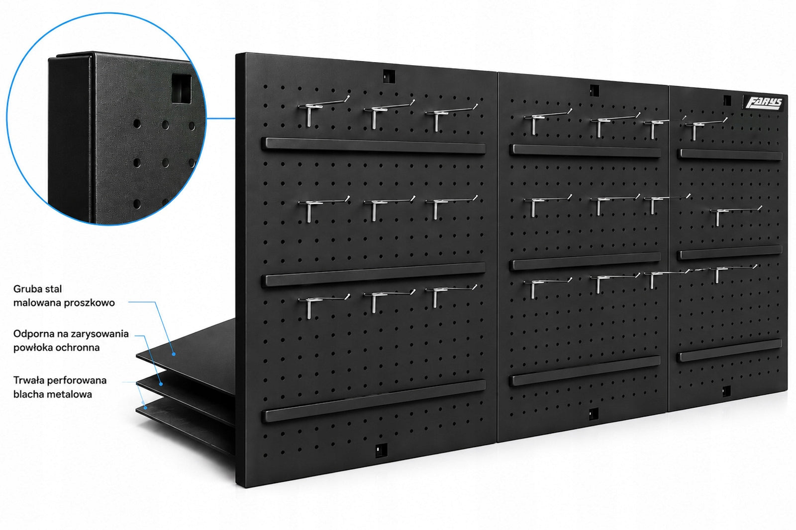 TOOL BOARD METAL WORKSHOP WALL + HOOKS 125x60 cm FARYS Color black