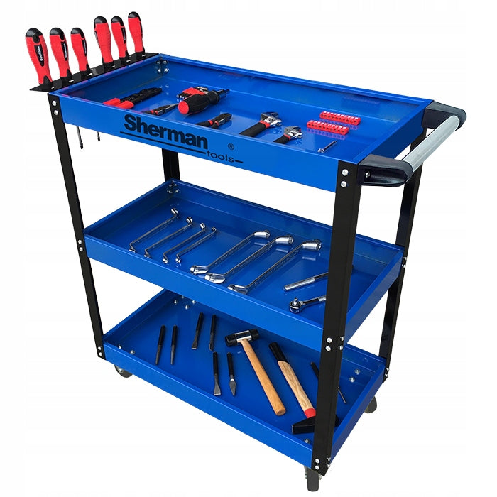 TOOL CART 3 SHELVES Sherman STEEL MOBILE ON WHEELS Packaging status original